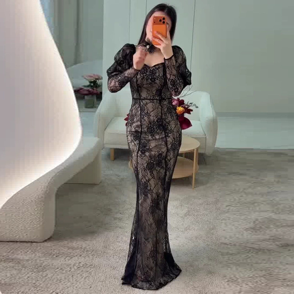 Forever 21 Young Elegant Slim-Fit Square Neck Long-Sleeve Lace Maxi Dress